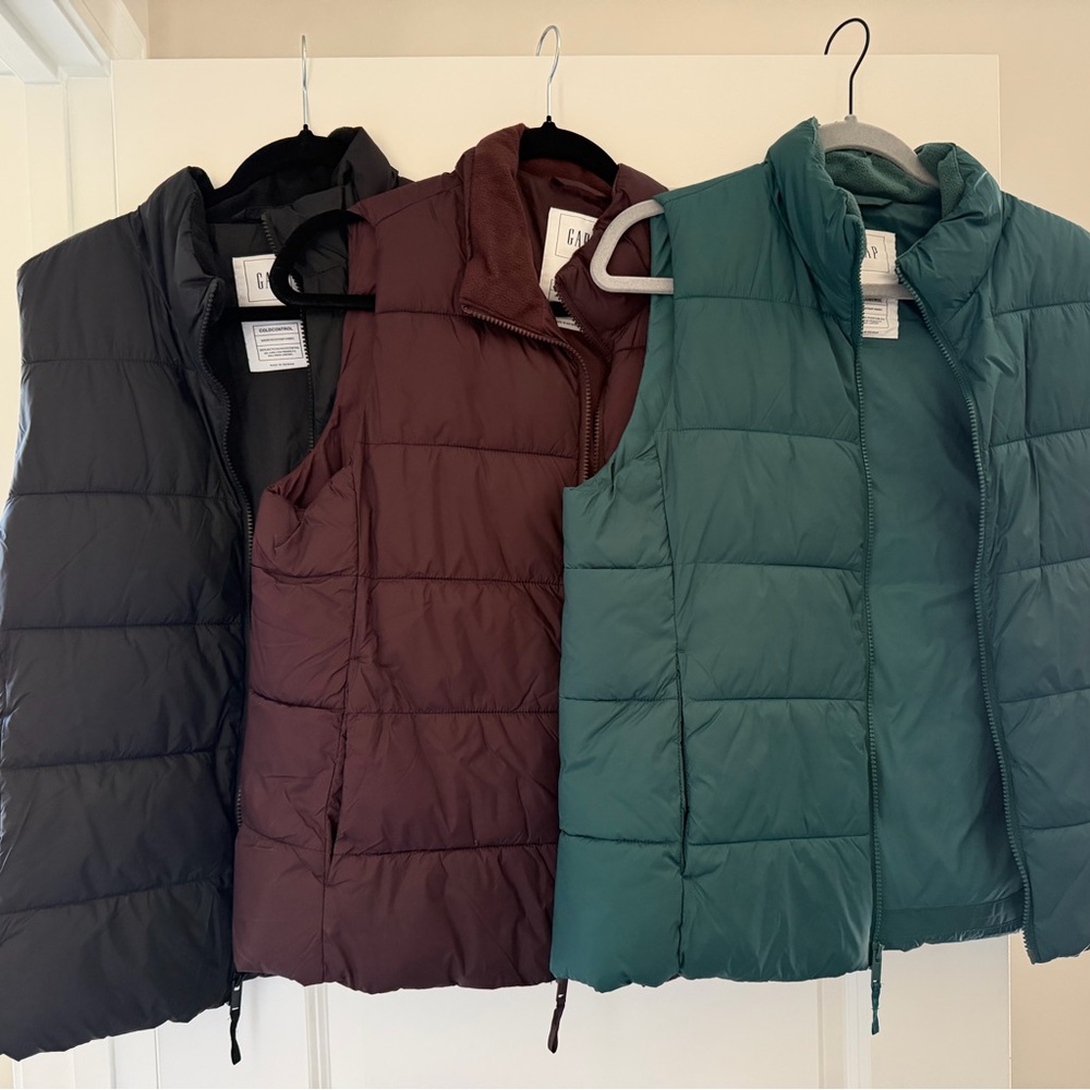 GAP ColdControl Puffer Vest (Set of 3) in Teal, Black & Burgundy/Purple Color.